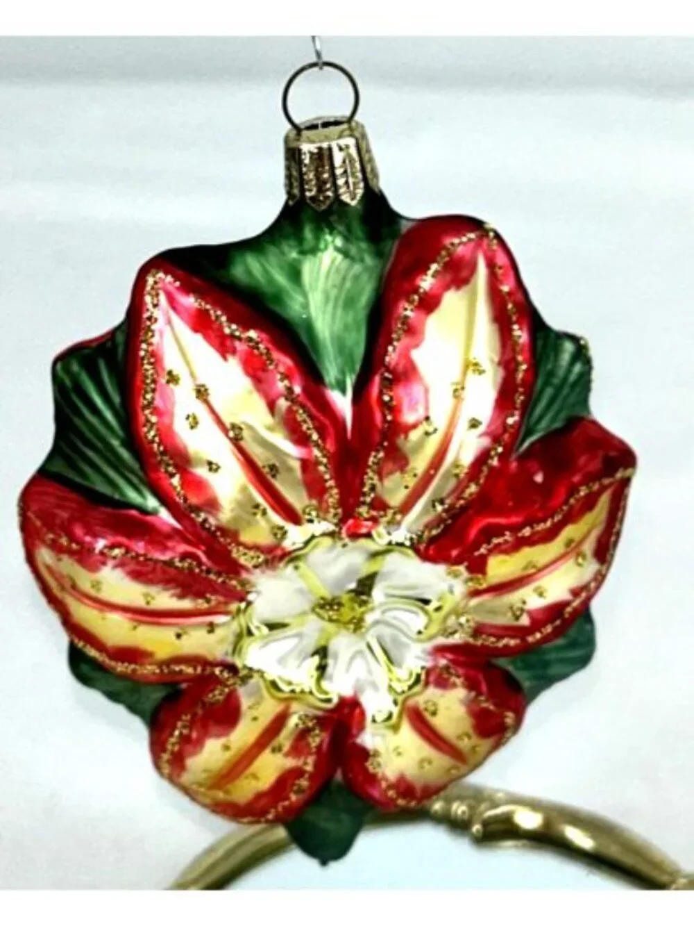 Hawaii Ornament Poinsettia Red Green Blown Glass Handcrafted Double Sided 4.75